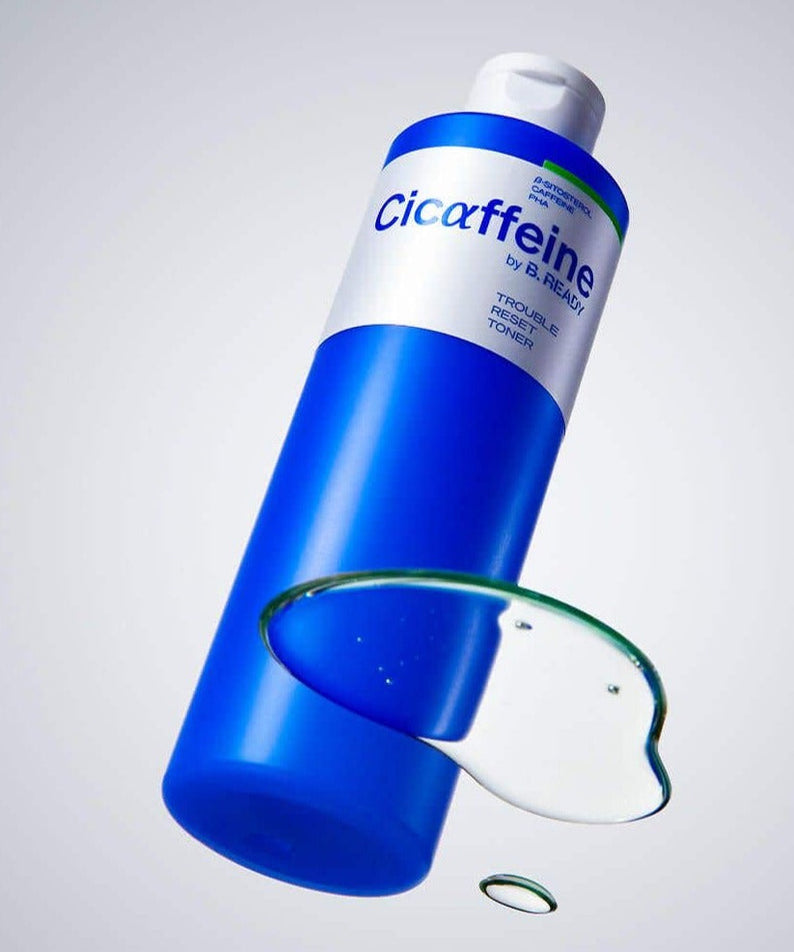 BE.READY Cicaffeine Trouble Reset Toner 250ml blue bottle with droplet, Gentleman Korea Korean skincare for men