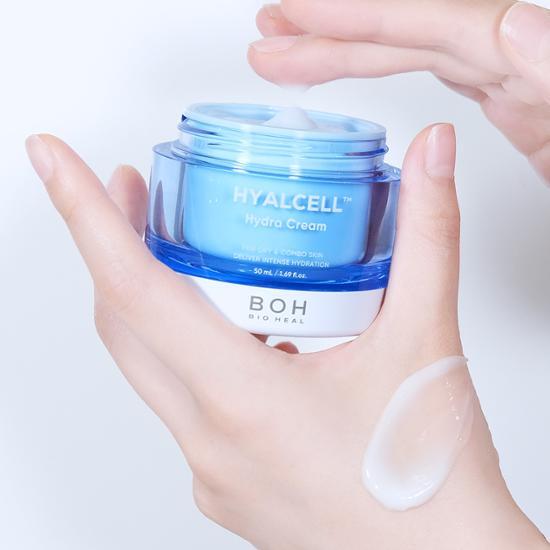 BIO HEAL BOH Hyalcell Hydra Cream 50ml jar being held in hand