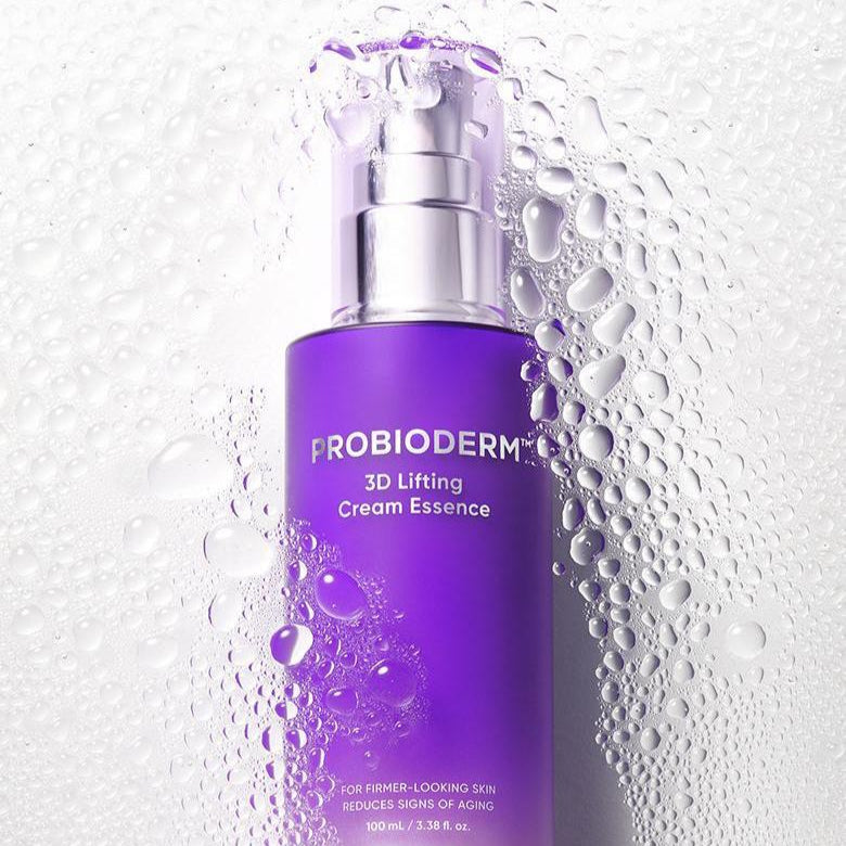 BIO HEAL BOH Probioderm 3D Lifting Cream Essence 100mL in a purple bottle against a textured background