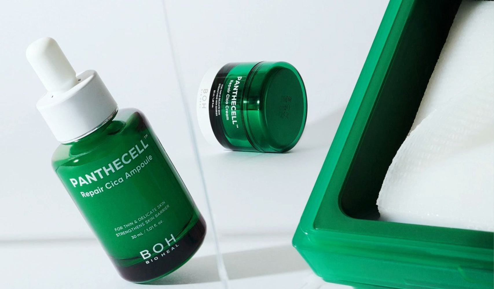 Panthecell Repair Cica Ampoule and cream in green packaging on white background, skincare products by B.O.H.