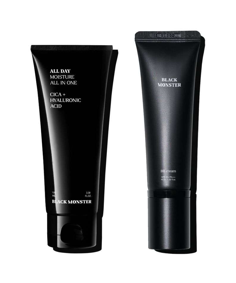 Gentleman Korea product shot of BLACK MONSTER BEST Introductory Set black tubes for men’s Korean skincare, moisturizing and repairing essentials