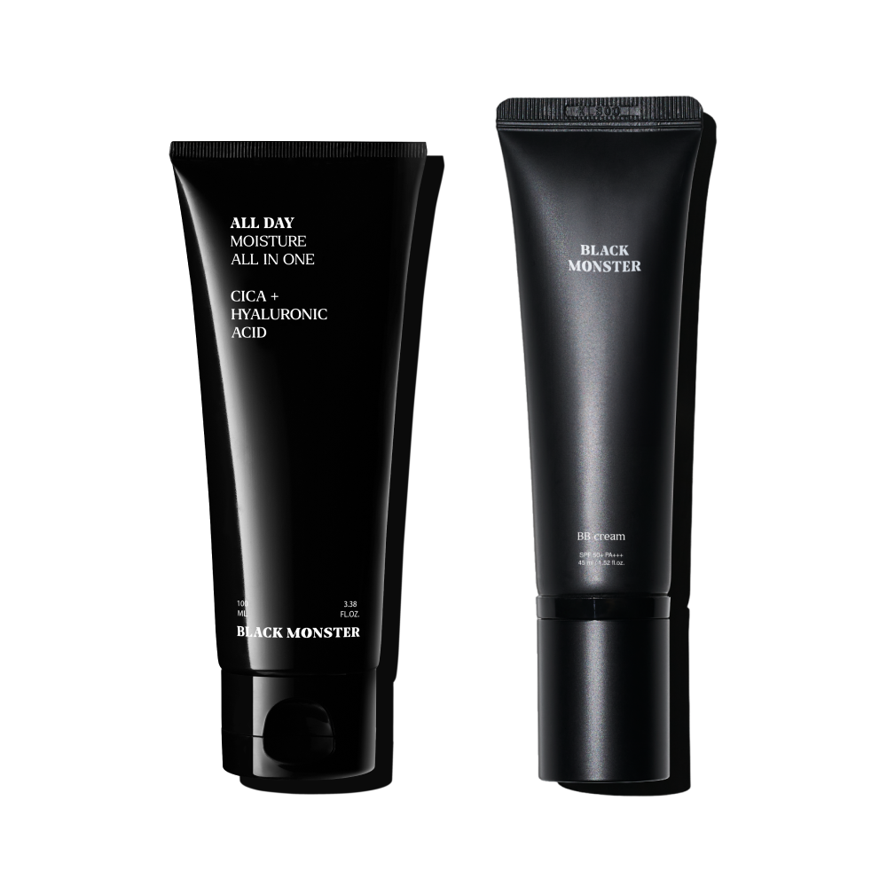 Gentleman Korea product shot of BLACK MONSTER BEST Introductory Set black tubes for men’s Korean skincare, moisturizing and repairing essentials