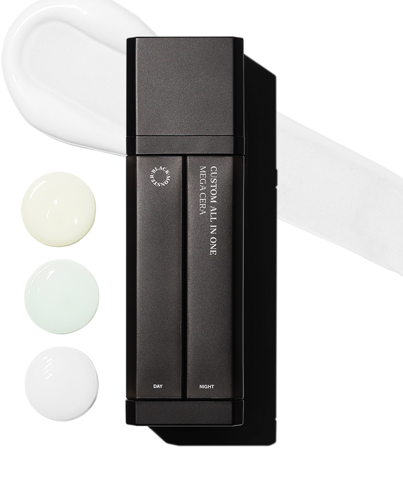BLACK MONSTER Custom All-in-One 75ml – Gentleman Korea men’s skincare bottle with cream swatches, day and night formula