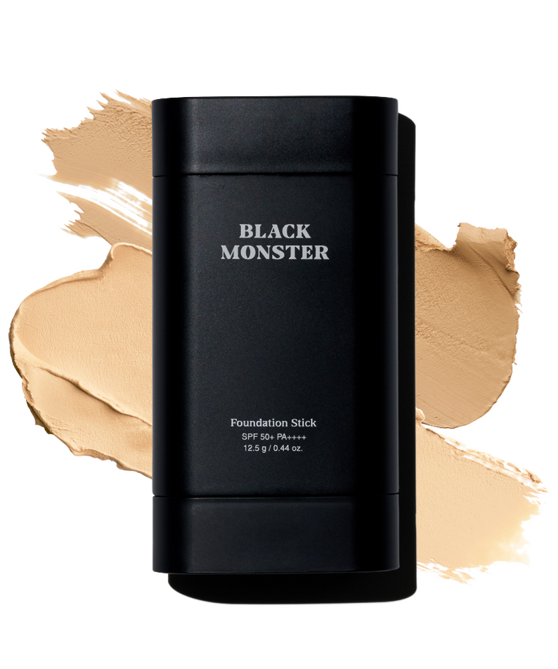 BLACK MONSTER Foundation Stick by Gentleman Korea — matte stick foundation for men, SPF 50+, creamy beige swatch backdrop