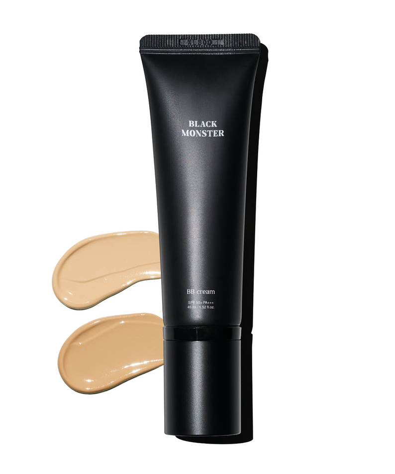 BLACK MONSTER Monster BB Cream 45ml tube with two foundation swatches on white background, Gentleman Korea men’s skincare product