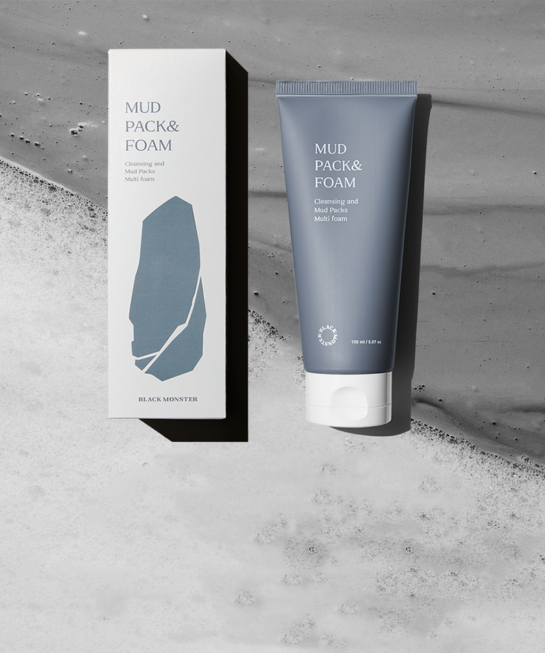 BLACK MONSTER Mud Pack & Foam 150ml - Gentleman Korea product shot of tube and box on textured grey background
