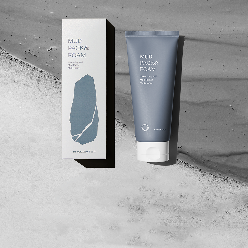 BLACK MONSTER Mud Pack & Foam 150ml - Gentleman Korea product shot of tube and box on textured grey background