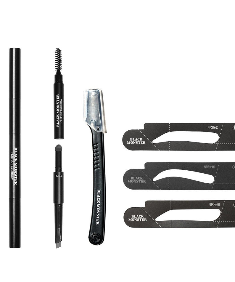 BLACK MONSTER Perfect Eyebrow Kit by Gentleman Korea – men's eyebrow kit with pencil, spoolie, razor and stencils for grooming