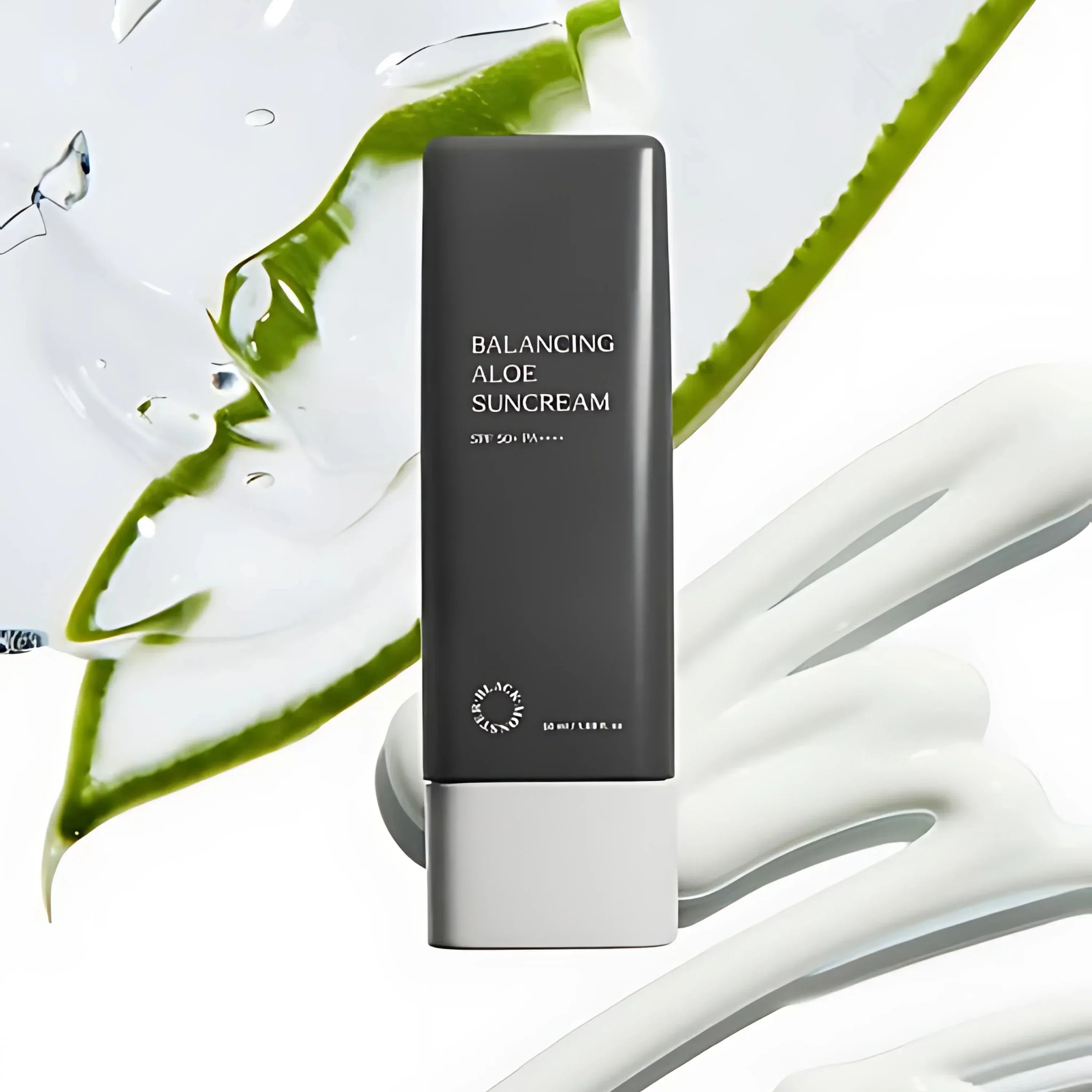 BLACK MONSTER Sebum Control Balancing Aloe Sunscreen 50ml bottle product shot for Gentleman Korea, men’s Korean skincare sunscreen with aloe and sebum control