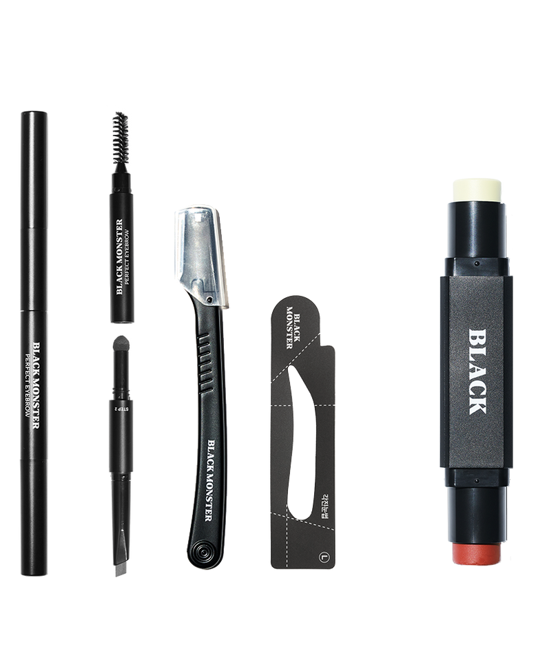 BLACK MONSTER Solo Escape Item men's grooming kit by Gentleman Korea — eyebrow pencil, brush, razor, tweezer and dual balm stick