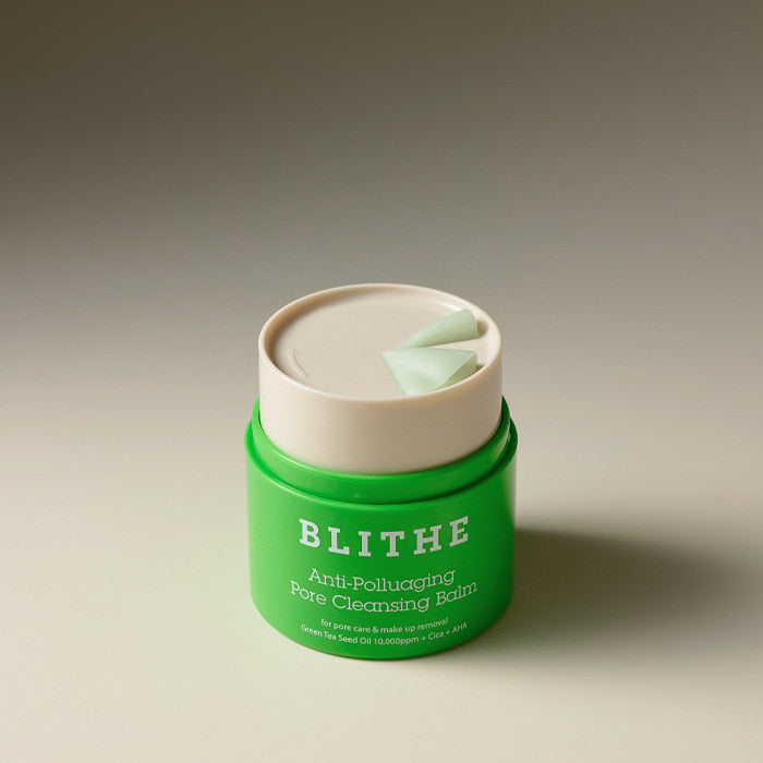 BLITHE Anti-Polluaging Pore Cleansing Balm in green jar with lid