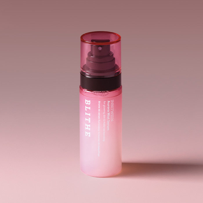 BLITHE Inbetween Aurora Mist Serum 82ml in sleek pink bottle with black pump on pink background