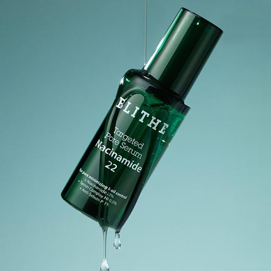 BLITHE Targeted Pore Serum Niacinamide 22 30ml product bottle with liquid drop on green background.
