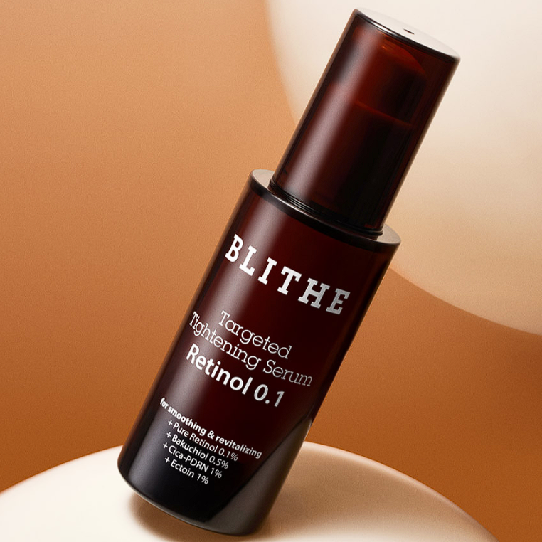 BLITHE Targeted Tightening Serum Retinol 0.1 30ml bottle on a beige background