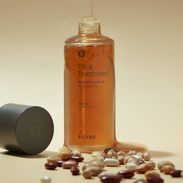 BLITHE Vital Treatment 8 Nourishing Beans 54ml/150ml facial essence with vitamin E and lifting effect, surrounded by beans.