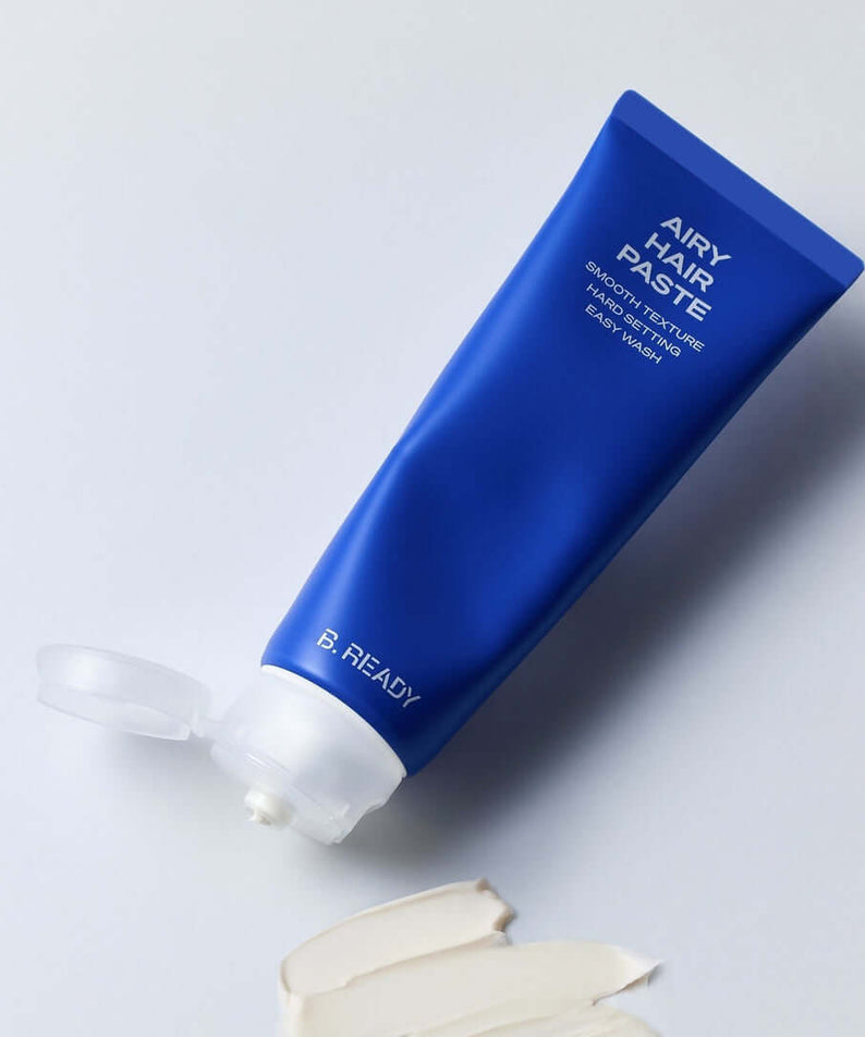 B.READY Airy Hair Paste 80g - Gentleman Korea product photo of blue tube and cream swatch for men's hairstyling and light hold