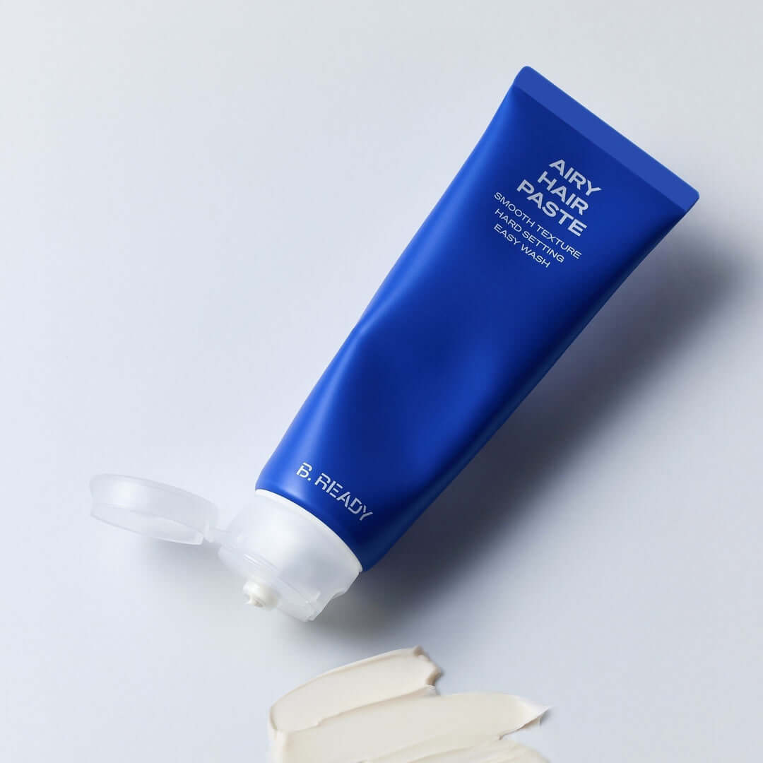 B.READY Airy Hair Paste 80g - Gentleman Korea product photo of blue tube and cream swatch for men's hairstyling and light hold