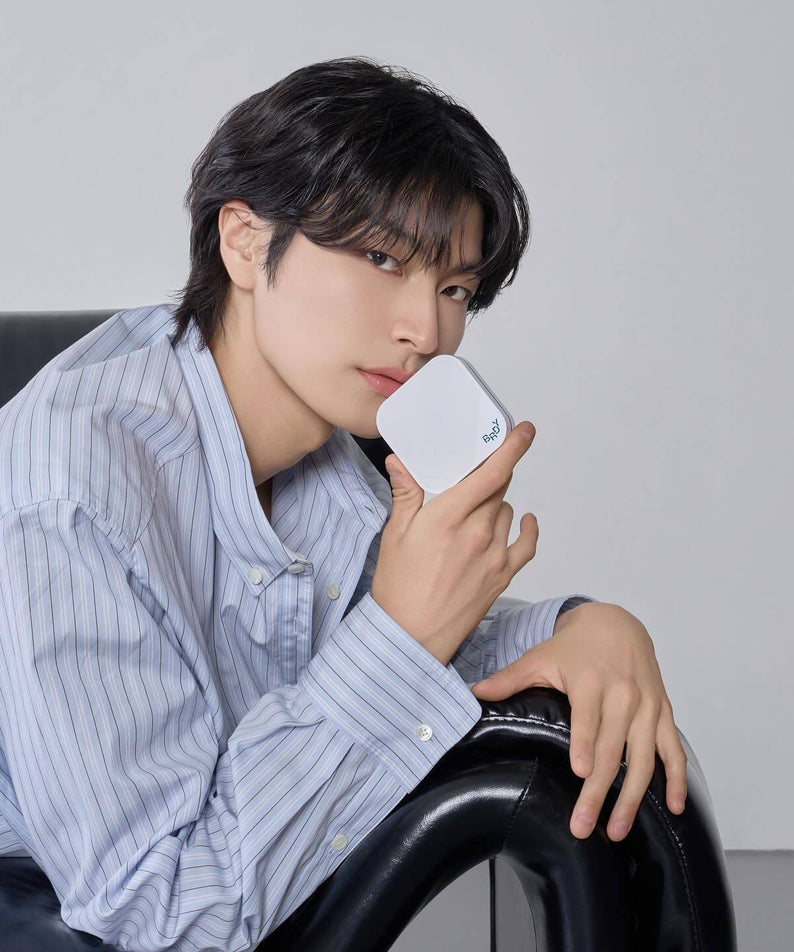 B.READY Blue Cushion 4th Generation 15g (SPF 34PA++++) - Gentleman Korea male model holding compact cushion, natural men’s Korean skincare
