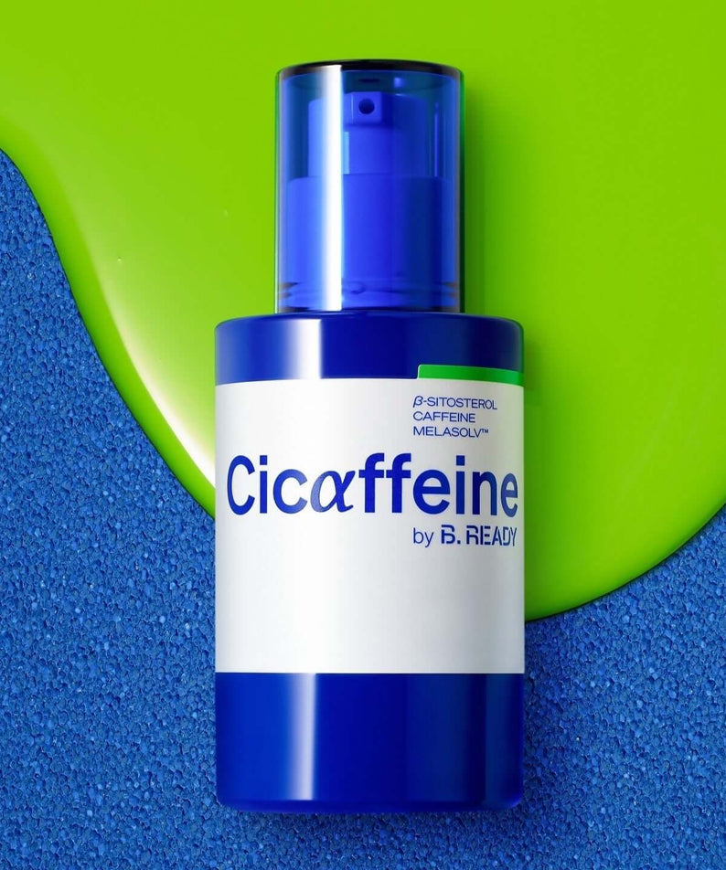 B.READY Cicaffein trouble Reset Serum 40ml bottle product shot on blue and green background Gentleman Korea Korean skincare for men