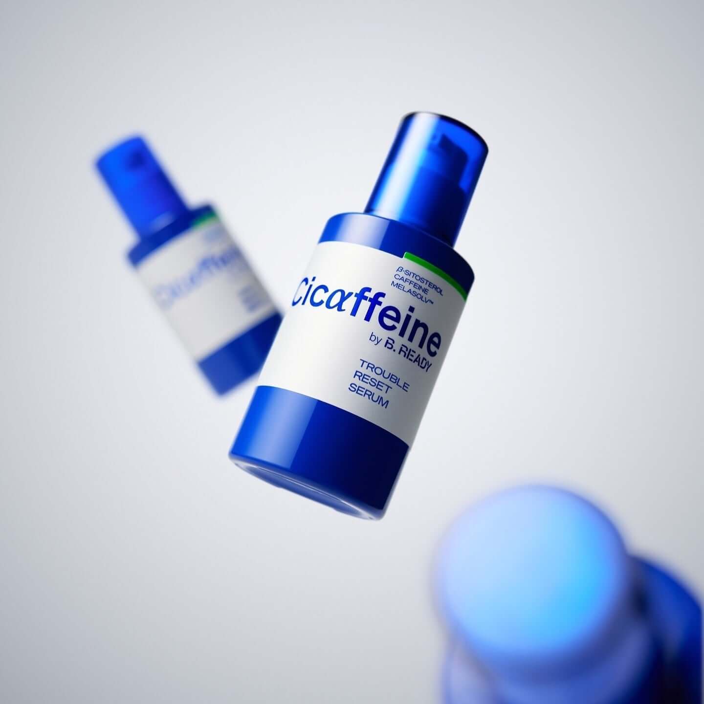 B.READY Cicaffein trouble Reset Serum 40ml floating product shot for men by Gentleman Korea, blue bottle showing label and pump