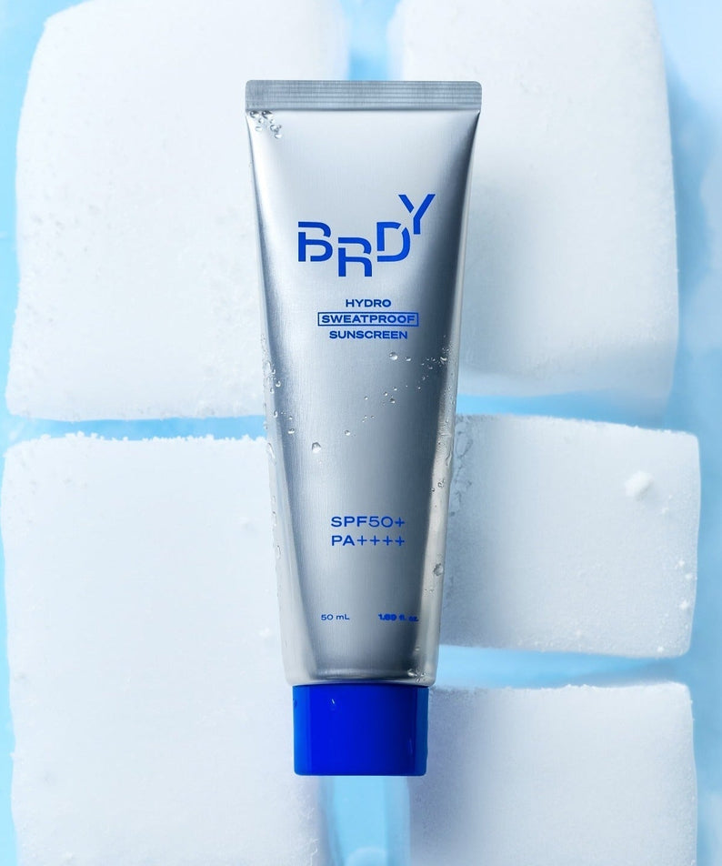 B.READY Hydro Sweatproof Sunscreen 50ml - Gentleman Korea men’s hydro sweatproof SPF50+ sunscreen tube on icy background