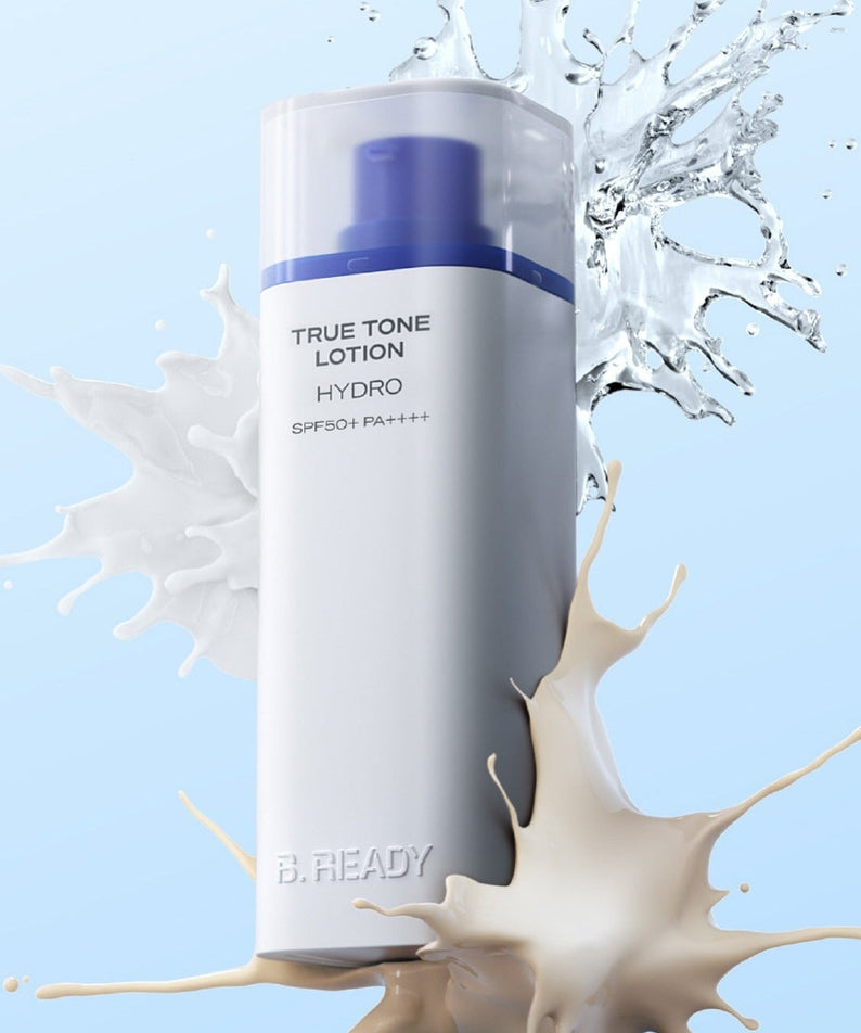 Alt Tag: B.READY True Tone Lotion 2.0 40ml — Gentleman Korea men’s hydrating tone-up lotion bottle with SPF50+ displayed against water and lotion splash background
