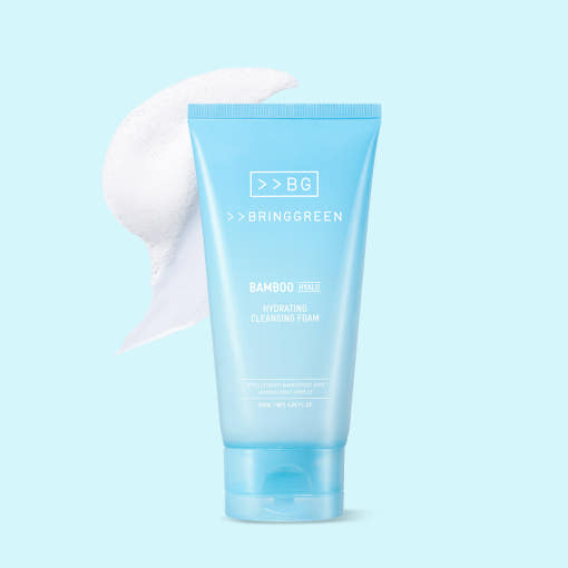 BRINGGREEN Bamboo Hyaluronic Acid Moisture Cleansing Foam 120ml product image with foam texture on light blue background.