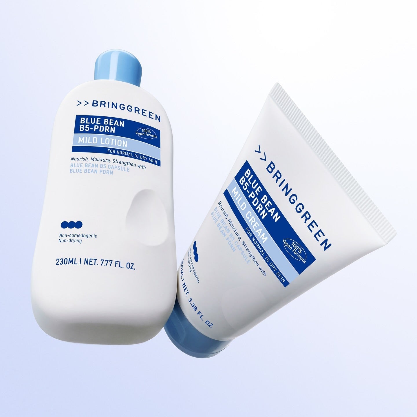 BRINGGREEN Blue Bean B5-PDRN Mild Cream 100ml and Lotion duo with blue accents on a light background