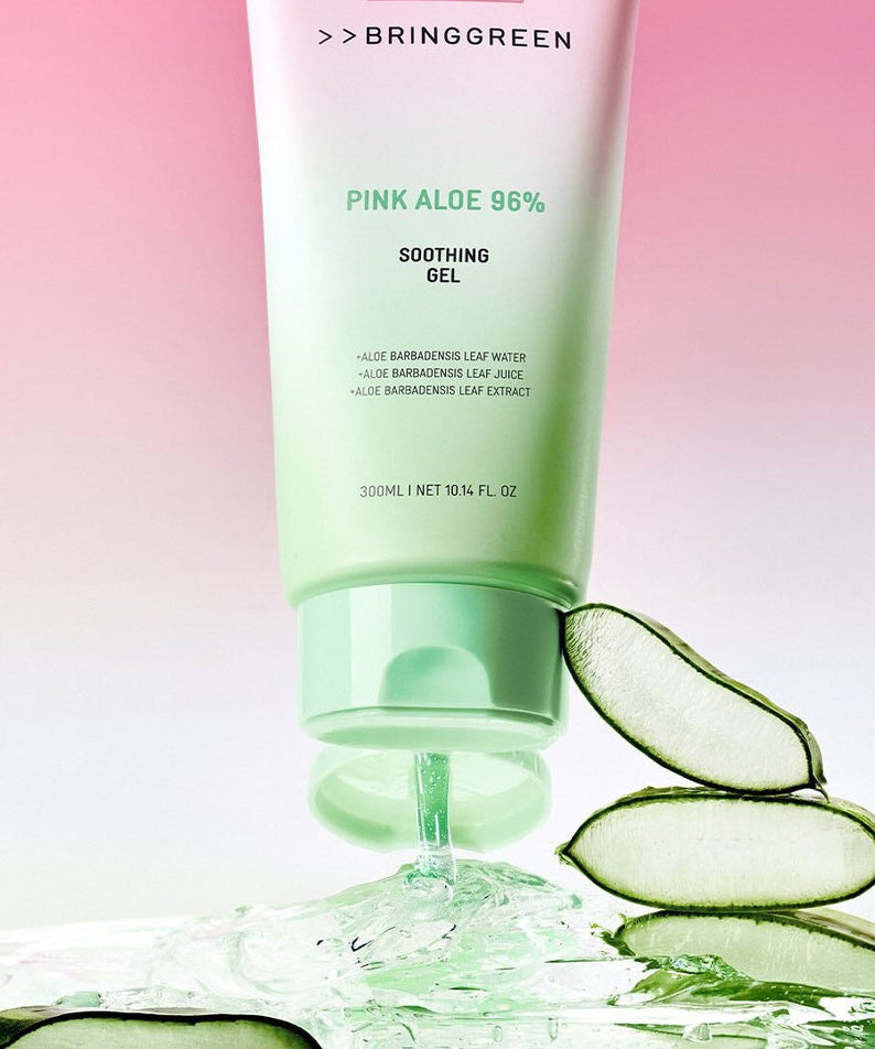 BRINGGREEN Pink Aloe 96% Soothing Gel 300ml with aloe slices and pink background