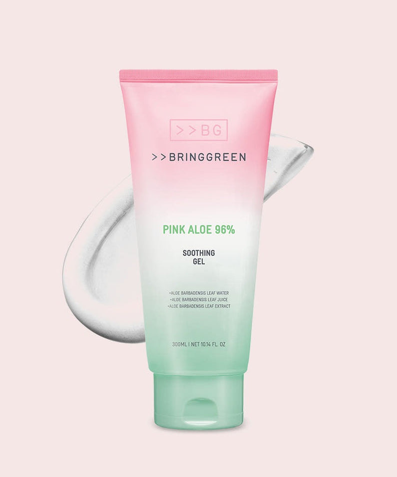 BRINGGREEN Pink Aloe 96% Soothing Gel 300ml product image on a pink background