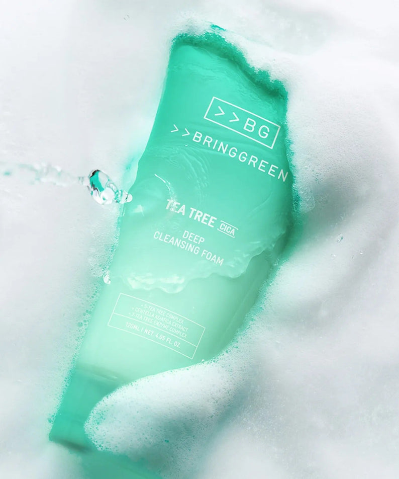 BRINGGREEN Tea Tree Cica Deep Cleansing Foam 120ml product surrounded by foam