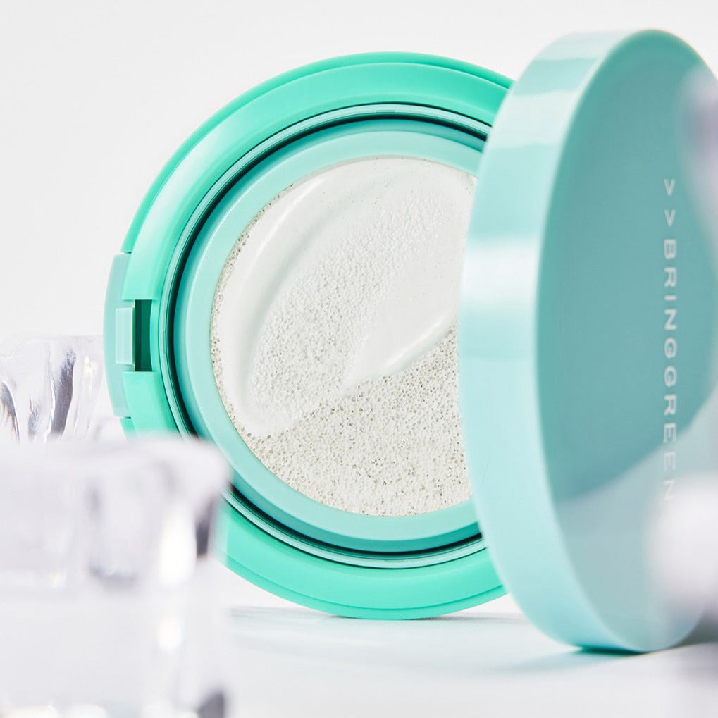 BRINGGREEN Tea Tree Cica Tone Up Sun Cushion compact in open position, showcasing the product texture.