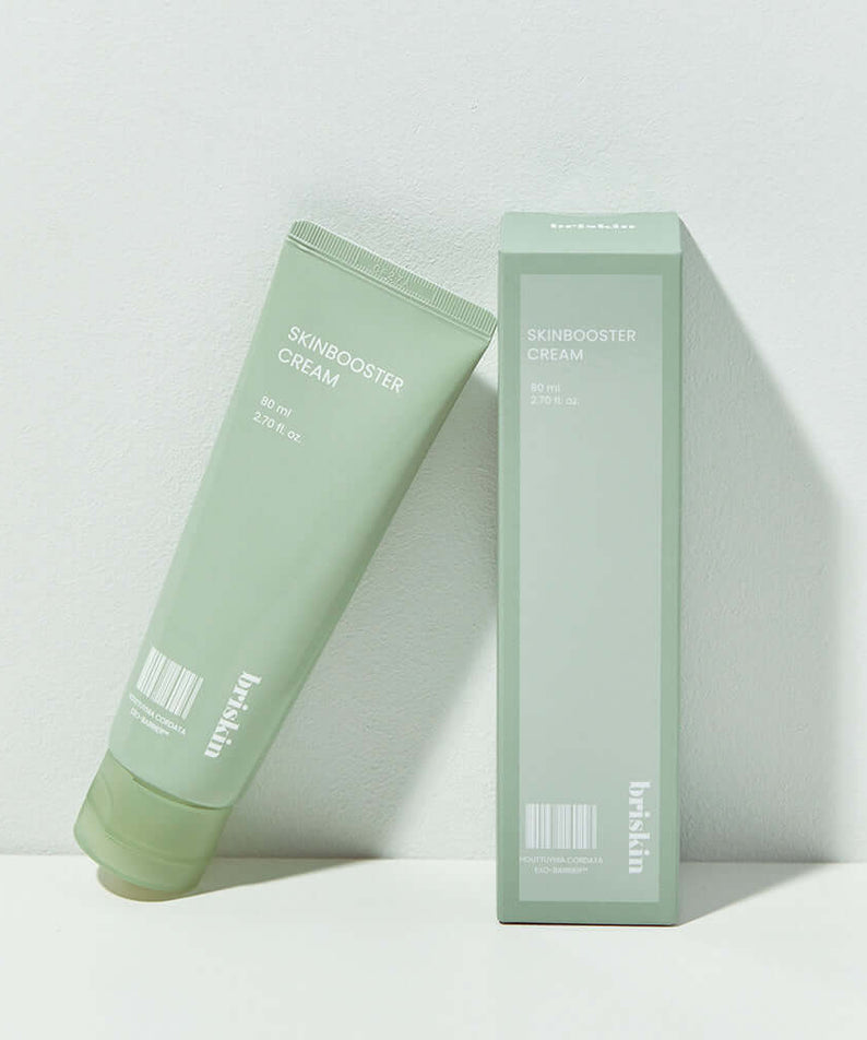 BRISKIN Houttuynia Cordata Exo-Bssrrier Skinbooster Cream 80ml tube and packaging displayed on a light background.