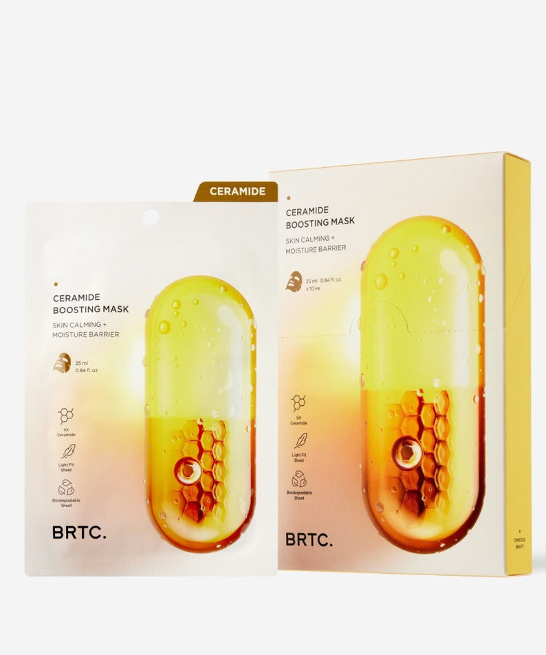 BRTC Ceramide Boosting Mask 10 Sheets in packaging, displaying skin-calming and moisture barrier benefits.