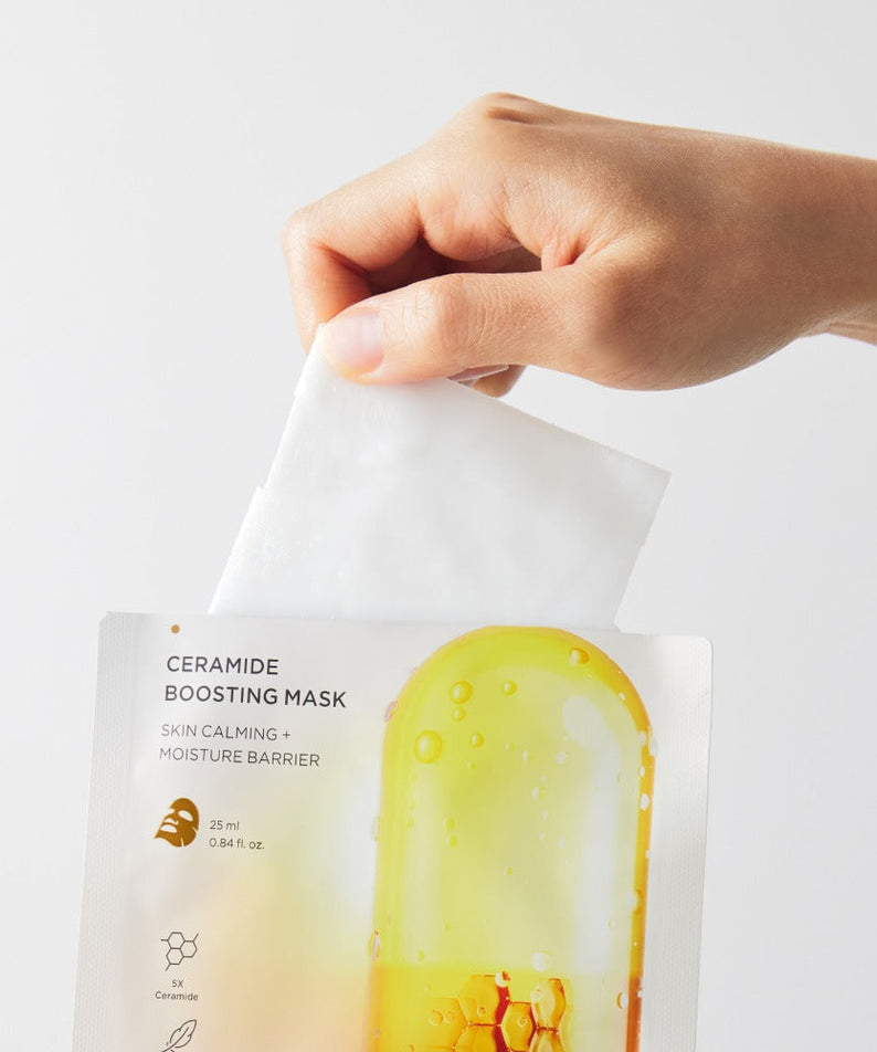 BRTC Ceramide Boosting Mask 10 Sheets being used, highlighting skin calming and moisture barrier benefits.