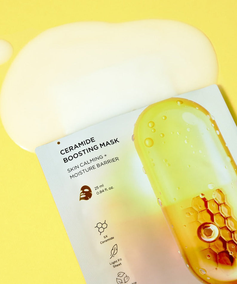 BRTC Ceramide Boosting Mask 10 Sheets packaging on yellow background for skin calming and moisture barrier benefits.