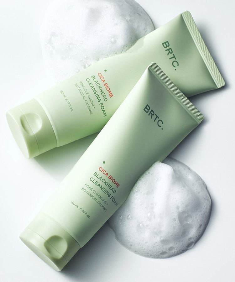 BRTC Cica Biome Blackhead Cleansing Foam 150ml tubes with foam, focusing on skincare and blackhead removal.