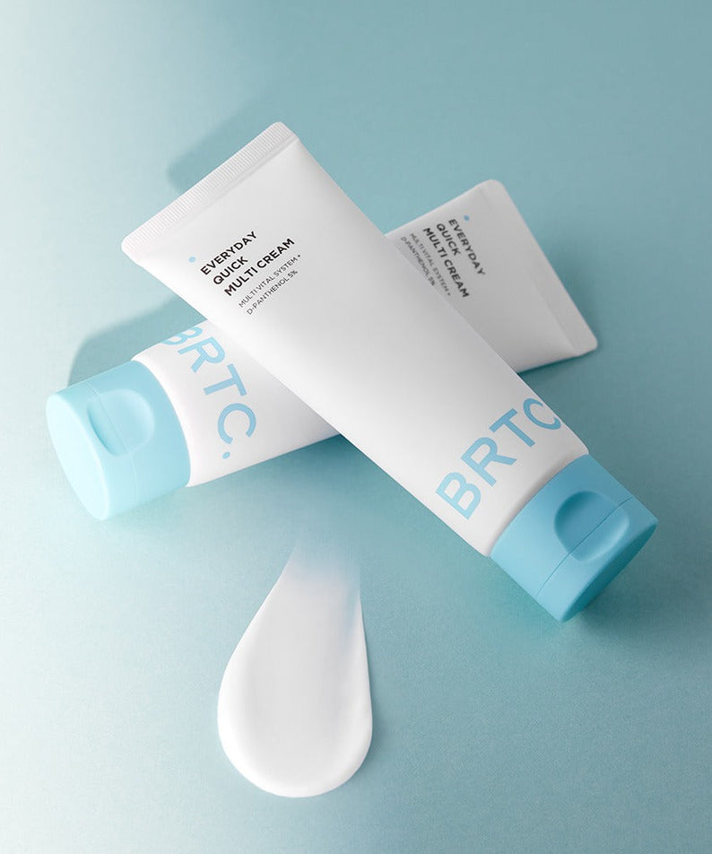 BRTC Everyday Quick Multi Cream 60ml tube on a blue background, showcasing versatile skincare, hydration, and quick application.