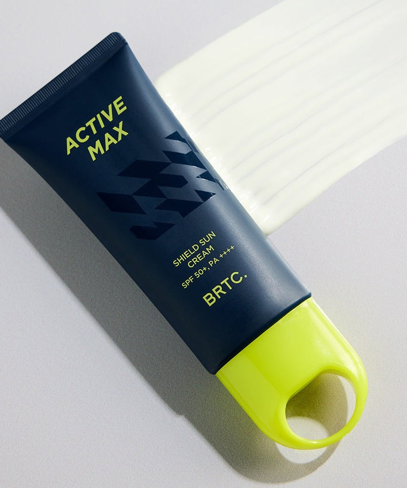 BRTC Homme Active Max Sheild Sunscreen 50ml tube on gray background with sunscreen swatch Gentleman Korea product image