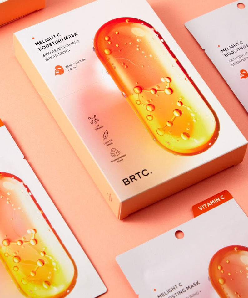 BRTC Melight C Boosting Mask 10 Sheets packaging on a peach background, highlighting vitamin C skincare benefits.