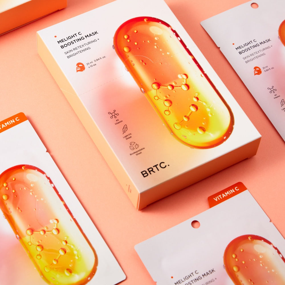 BRTC Melight C Boosting Mask 10 Sheets packaging on a peach background, highlighting vitamin C skincare benefits.