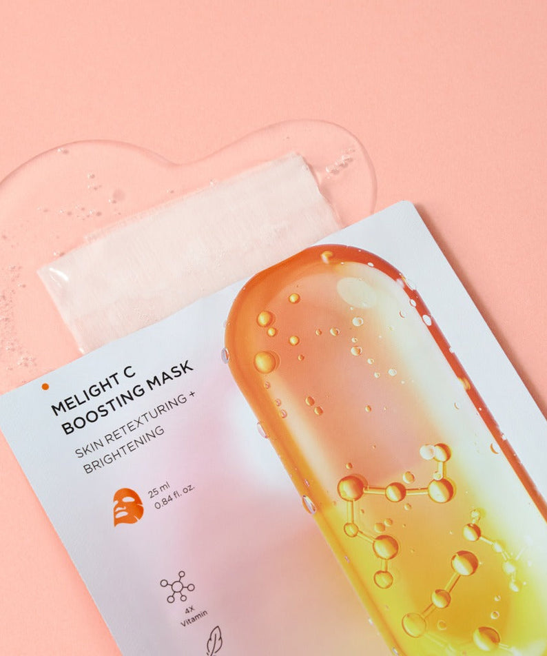 BRTC Melight C Boosting Mask 10 Sheets packaging on pink background with liquid texture