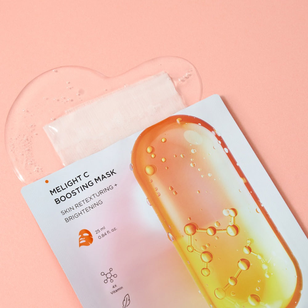 BRTC Melight C Boosting Mask 10 Sheets packaging on pink background with liquid texture