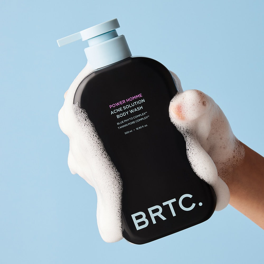 BRTC Power Homme Acne Solution Body Wash 500ml held by hand with foam - Gentleman Korea Korean men's skincare export