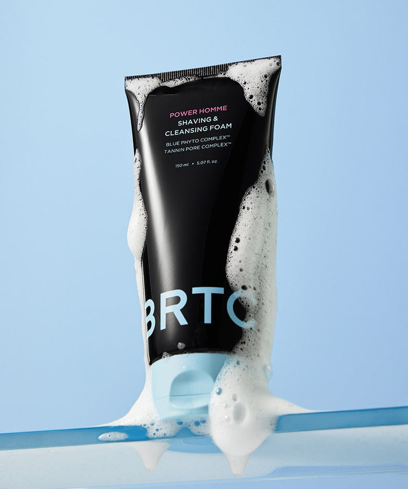 BRTC Power Homme Shaving & Cleanser Foam 150ml by Gentleman Korea – black tube with foam on blue background