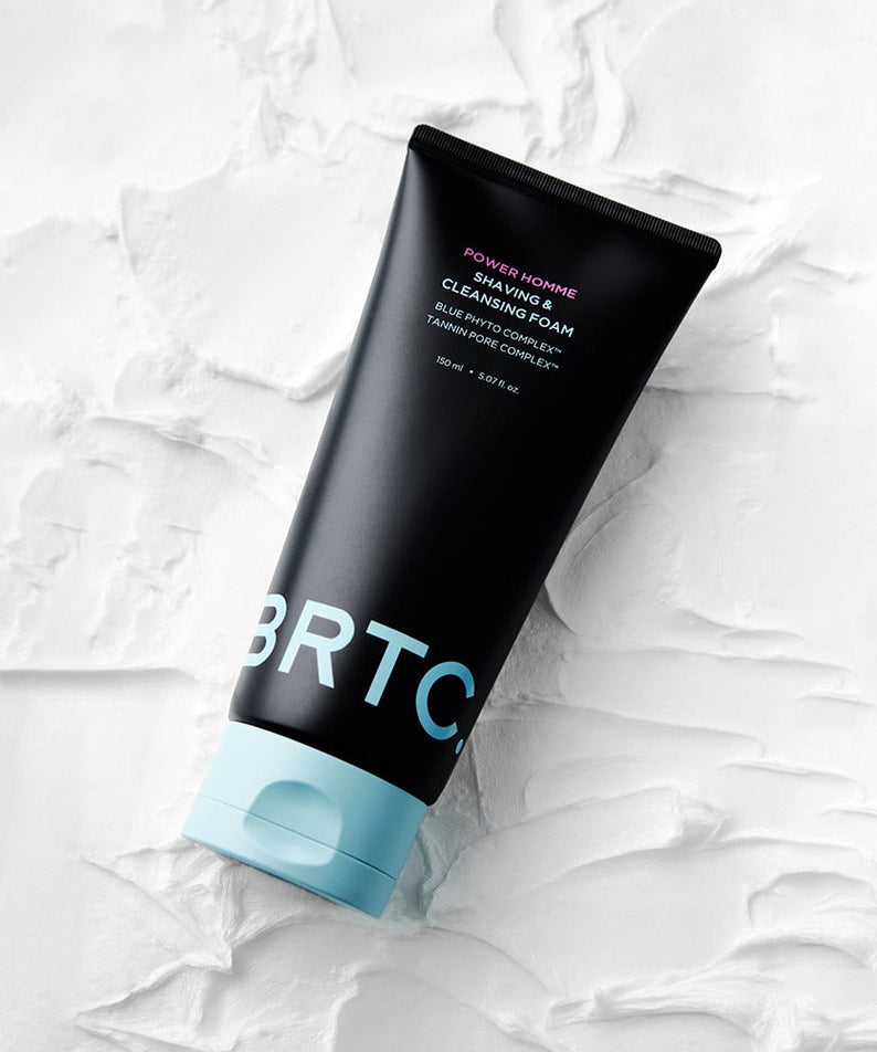 BRTC Power Homme Shaving & Cleanser Foam 150ml - Gentleman Korea product image of black tube on textured white background