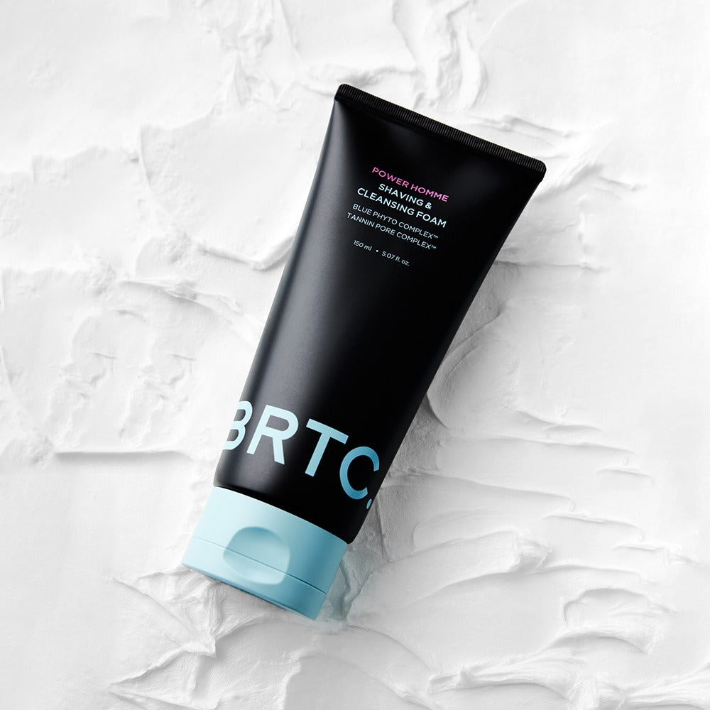 BRTC Power Homme Shaving & Cleanser Foam 150ml - Gentleman Korea product image of black tube on textured white background