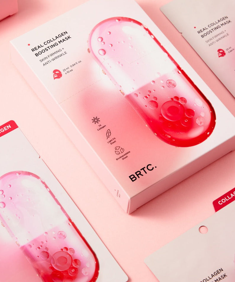 Boxes of BRTC Real Collagen Bosting Mask 10 Sheets on a pink background featuring pink capsule design.