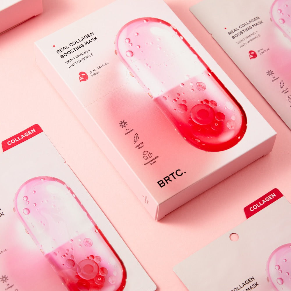 Boxes of BRTC Real Collagen Bosting Mask 10 Sheets on a pink background featuring pink capsule design.