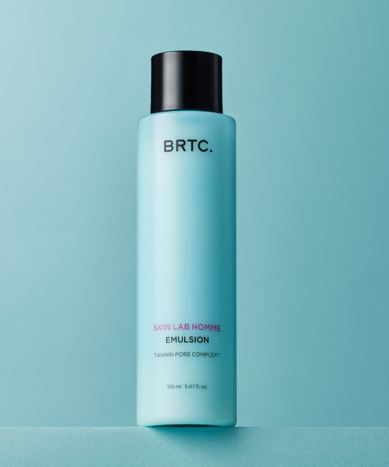 BRTC Skin Lab Homme Series Emulsion 150ml bottle on teal background - Gentleman Korea men’s skincare product